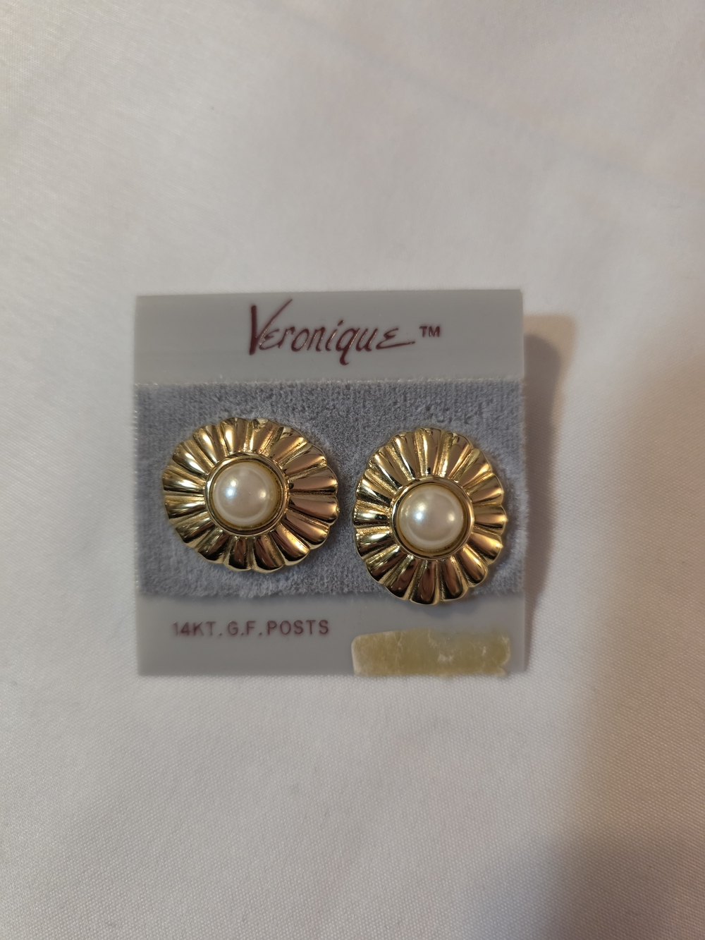 Vintage Veronique gold-tone faux pearl button stud earrings with 14K gold posts